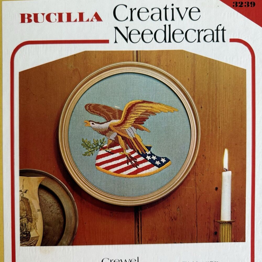 Vtg Bucilla Crewel Kit w/ Frame EAGLE 3239 13" Round 100% Wool Needlepoint Box
